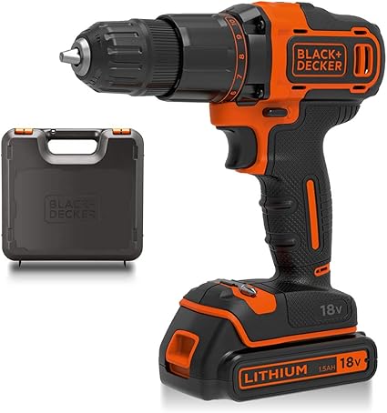 BLACK+DECKER Herramienta eléctrica de taladro de martillo combinado inalámbrico de 2 engranajes de 18 V con caja de kitbox, iones de litio de 1,5 Ah, BCD700S1K-GB