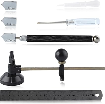 LEONTOOL Juego de 7 herramientas de corte de vidrio que incluye cortador circular ajustable de vidrio de 2 a 20 mm, punta de carburo de alimentación de aceite con 3 cuchillas adicionales,