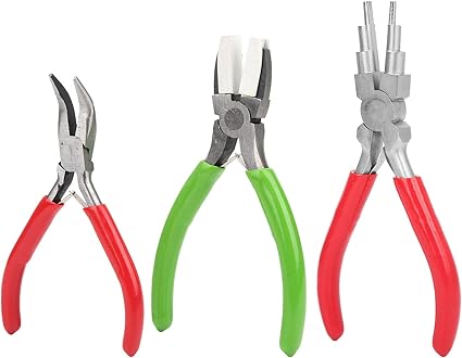 Dpofirs 3 PCS Kit de Alicates para Fabricaci'on de Joyería, Alicates de Nailon de Punta Plana Alicates de Punta Curva Alicates de Joyería de 6 Secciones, Resorte Ajustable, Resistente y Durable
