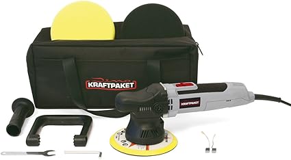 Dino KRAFTPAKET Máquina pulidora excéntrica 640220 de 9 mm-650 W, juego infinitamente variable con esponja de pulido, almohadilla de pulido, bolsa para automóvil, barco