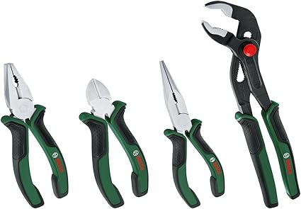 Bosch Home and Garden, Juego de 4 alicates, de corte lateral, universales, de punta larga y de pico de loro precisos y duraderos para tareas exigentes, empuñadura ergonómica, superficie niquelada