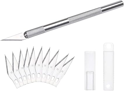 DealKits Juego de bisturí, incluye 10 cuchillas de repuesto SK5 y tapa protectora, cuchillo para manualidades, cuchillo de tallar para cortar fondant tela, lámina de carbón para manualidades (plata)