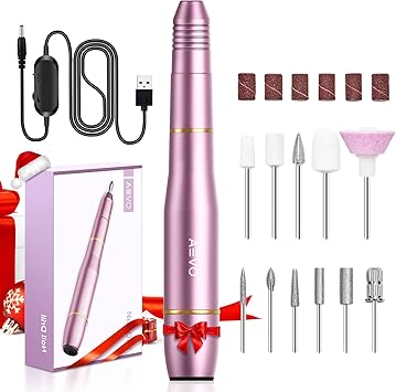 AEVO Torno para Uñas, Lima Eléctrica Profesional, Kit de Manicura, Velocidad Ajustable 20000 RPM, 11 Brocas y 36 Bucles de Lija, Torno Portátil para Uñas, Manicura y Pedicura, Reparación Uñas, Rosa