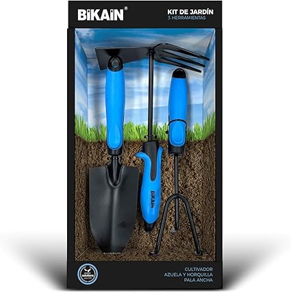 BIKAIN - Kit de Jardinería - 3 Herramientas - Incluye Pala Ancha, Lanza+Horquilla y Cultivador - Mangos Ergonómicos y Antideslizantes - Herramienta de Acero