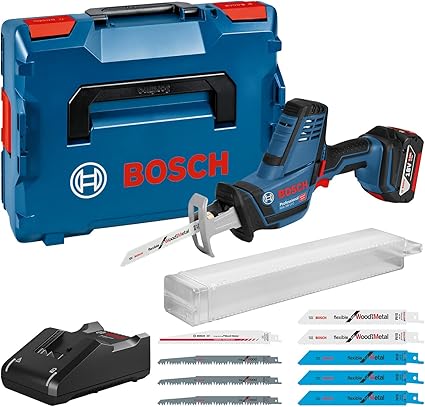 Bosch Professional 18V System GSA 18 V-LI C - Sierra sable a batería (0 - 3050 cpm, profundidad de corte 200 mm, 1 batería x 5.0 Ah, set 10 hojas de sierra, en L-BOXX) - Amazon Exclusive