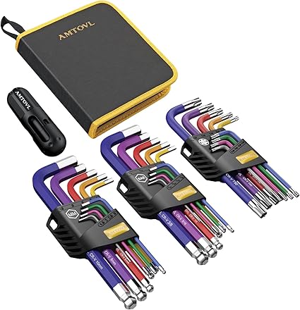AMTOVL 27PCS Kit de Llaves Hexagonales Coloridas Juego de Llaves Allen de Acero Cromado Vanadio SAE 1/16-3/18, Métrico 1.5-10mm, Estrella T10-T50 con Mango de Torsión y Bolsa de Almacenamiento