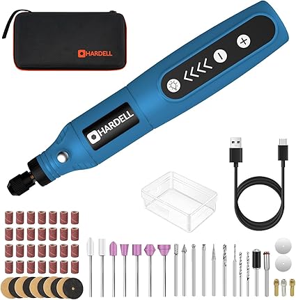 HARDELL Mini Amoladora Bateria, 3.7V Herramienta Rotatoria sin Cable, Con luz LED, Con 61 Accesorios para Cortar, Esmerilar, Grabar, Perforar, de Manualidades y Creación de Bricolaje (Azul)