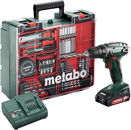 BS18LI SET Taladradora atornillador a bateria 2x18V 2Ah Li-ion + 74 accesorios + maletin, multicolor
