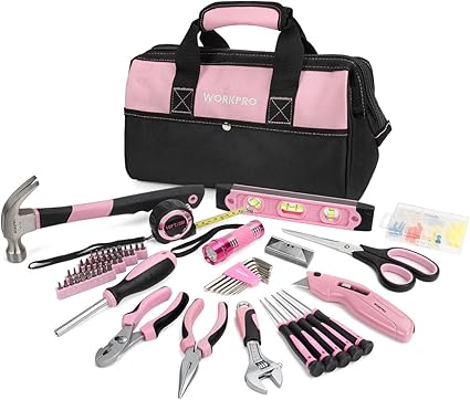WORKPRO 106 piezas Juego de Herramientas Rosas, Kit de Herramientas con con Alicates Destornilladores Llaves Martillo etc para el Hogar con Bolsa Rosa, para Bricolaje y Reparaciones Diarias