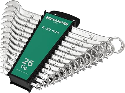 WIESEMANN 1893 Juego extragrande de llaves combinadas 26 pzas 6-32 mm cabeza fija y un ángulo de 15° para facilitar el trabajo I Set de llaves combinadas con soporte I 80270