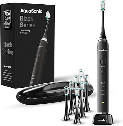 Aquasonic Black Series Ultra Whitening Toothbrush Cepillo de dientes eléctrico aceptado por ADA - 8 cabezales de cepillo y estuche de viaje - Carga inalámbrica - 4 modos con temporizador inteligente -