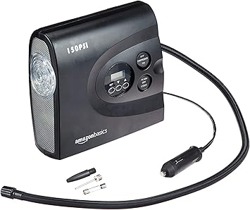 Amazon Basics - Compresor de aire portátil compacto, inflador de neumáticos, apagado automático con luz LED, CC 12 V, 150 PSI, color negro