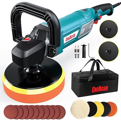 ENEACRO Pulidora Coche, 1800W Máquina Pulidora, Velocidad Variable con Pantalla LCD, Plato de Apoyo 150/180mm, Mangos Desmontables, Ideal para Lijar, Pulir y Encerar Barcos y Coches