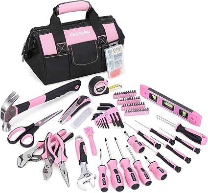 FASTPRO Juego de herramientas rosa, kit de herramientas de reparación del hogar para mujer de 220 piezas con bolsa de herramientas de almacenamiento abierta de boca ancha de 12 pulgadas