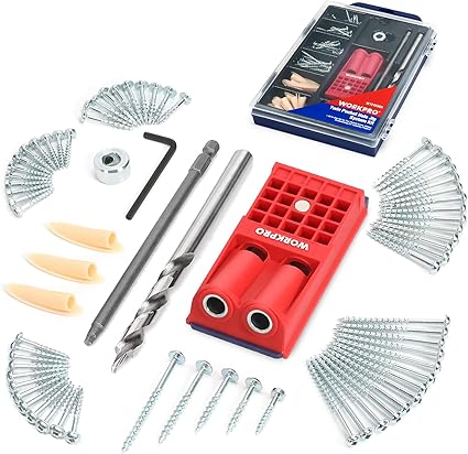 WORKPRO - Kit completo de plantilla de agujero de bolsillo para taladrar 125 piezas, con 100 tornillos autoroscantes y 20 tapas, guía de carpintería, posicionador de agujero oblicuo ideal para