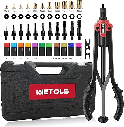 WETOLS Herramienta de Tuerca de Remache de 17 Pulgadas, Kit de Herramientas de Remache Manual con 11 Mandriles métricos y SAE M3 M4 M5 M6 M8 M10 M12, 10-24, 1/4-20, 5/16-18, 3/8-16, 110 Tuercas