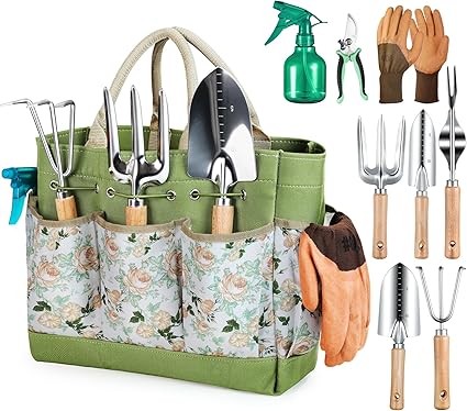 Grenebo Juego de Herramientas para Jardín 9PC, Set jardineria Adulto de Acero Inoxidable, Kit de Jardinería Bolsa de Jardín, Tijeras Podar,Pala Jardinería,Guantes,Paleta y Rastrillo de Mano etc