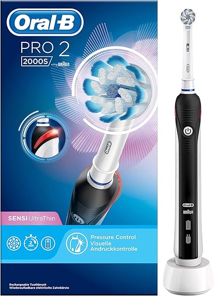 Oral-B PRO 2 CrossAction Cepillo de Dientes Eléctrico con Mango Recargable, Tecnología Braun y 1 Cabezal de Recambio, Temporizador y Control de Presión, 2000N - Negro