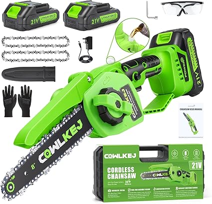 CQWLKEJ Mini motosierra eléctrica inalámbrica de 8 pulgadas con sistema de engrasador, 2 baterías recargables, 2 cadenas y funda de transporte, motosierra de batería portátil para podar