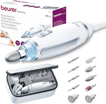 Beurer MP 62 Set de manicura y pedicura, torno para uñas eléctrico con 10 accesorios de alta calidad, luz LED, control de velocidad infinitamente variable, con bolsa de almacenamiento