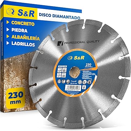 S&R Disco Tronzador Diamante Amoladora 230 mm Hormigón, Piedra natural, piedra, Ladrillo. Turbo Disco Diamantado Universal